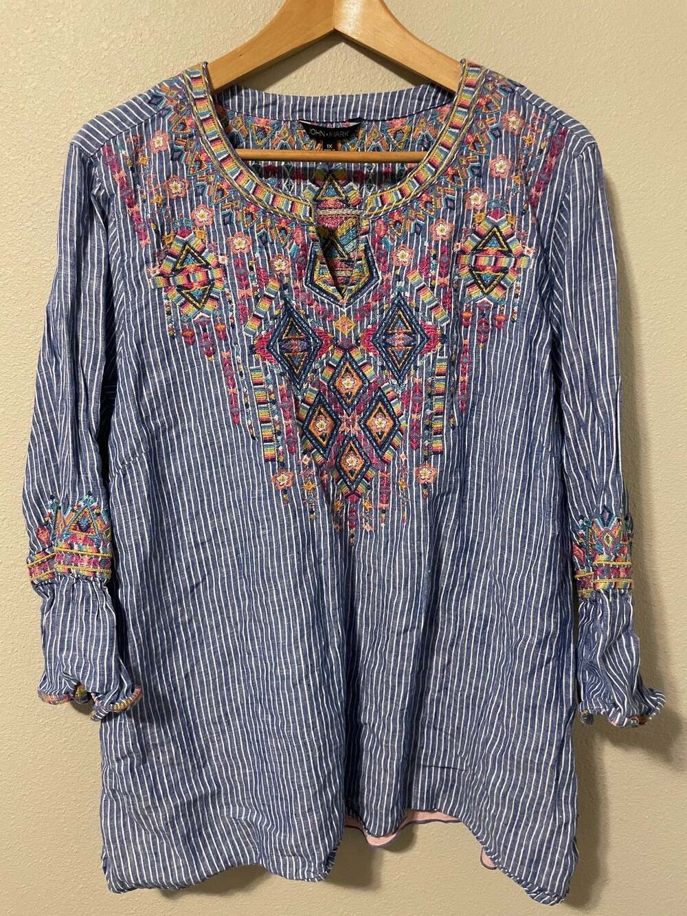 John Mark Tunic Top Womens 1X Blue Stripe Linen Paisley Embroidered Artsy Boho